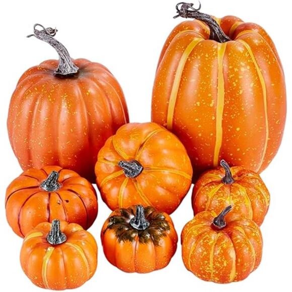 8 Pcs Assorted Sizes Harvest Orange Artificial Pumpkins for Fall Halloween - Picture 7 of 7